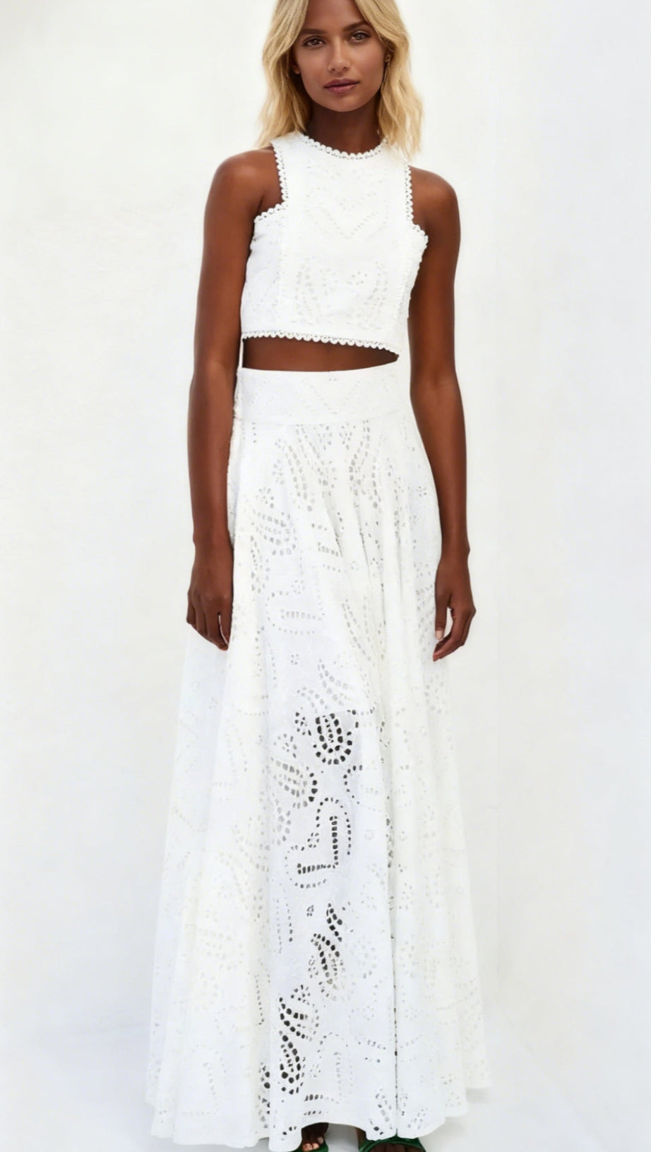EYELET LACE TOP AND MAXI SKIRT SET IN WHITE