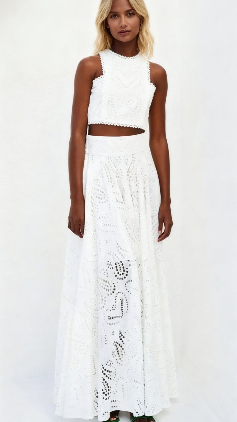 EYELET LACE TOP AND MAXI SKIRT SET IN WHITE