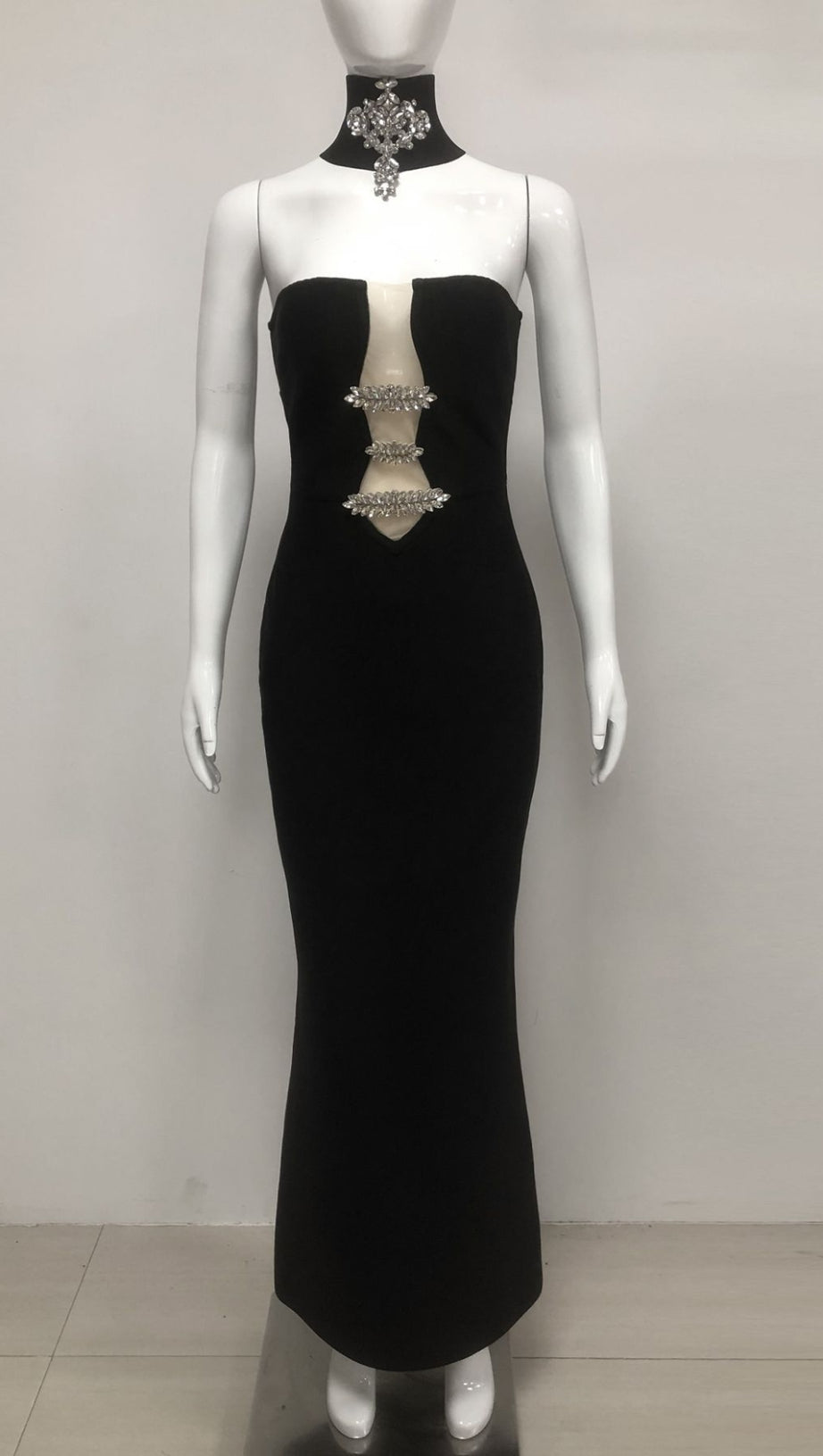 STRAPLESS RHINESTONE - ACCENT CUTOUT MERMAID GOWN IN BLACK
