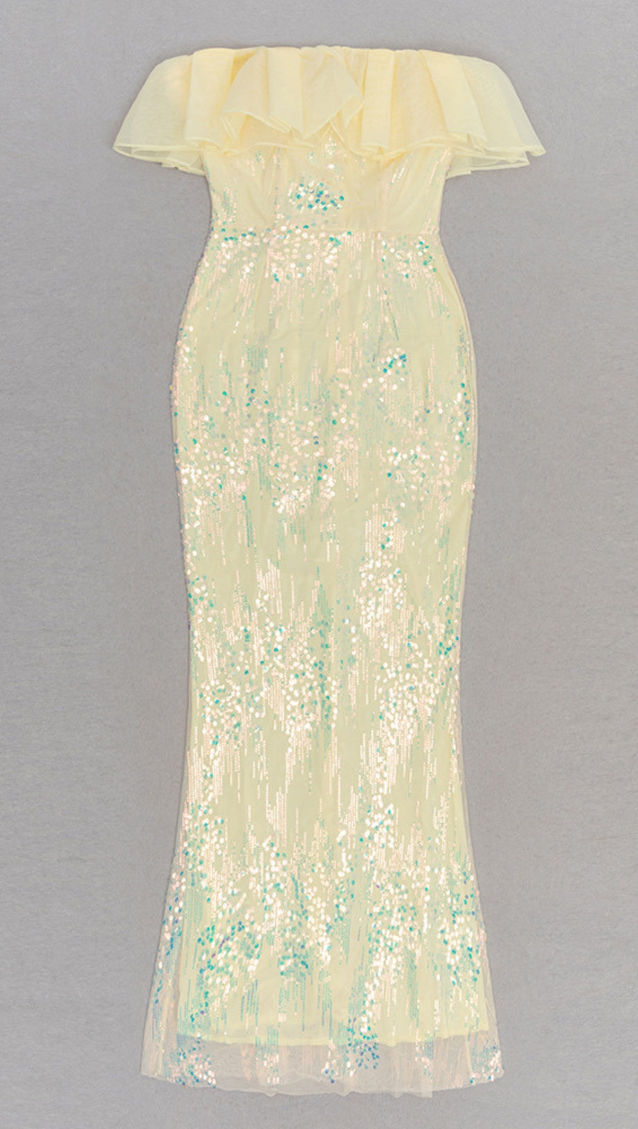 SEQUIN RUFFLE - NECK OFF - SHOULDER MERMAID GOWN IN YELLOW