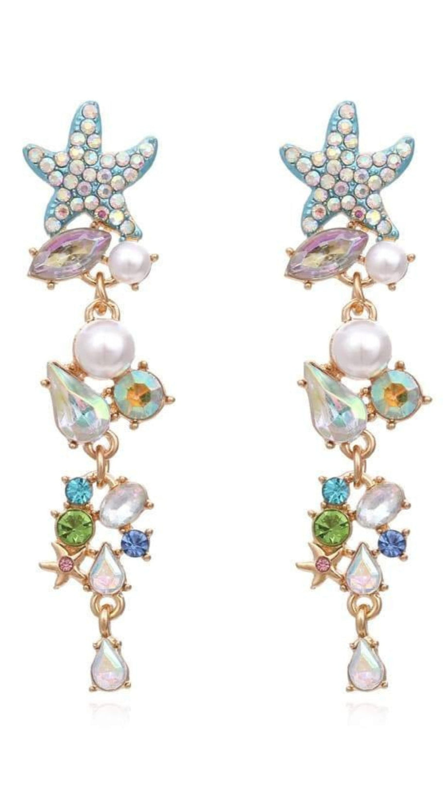ENAMEL CRYSTAL PEARL STARFISH DROP EARRINGS