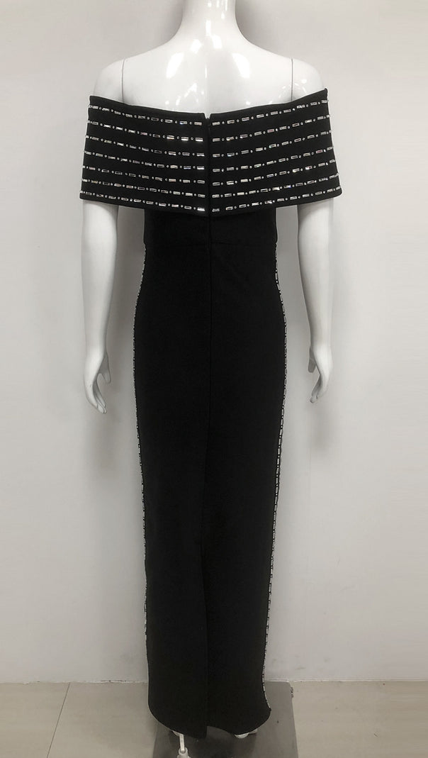 AIIZIE OFF - SHOULDER RHINESTONE - TRIMMED BODYCON MIDI DRESS IN BLACK - product image