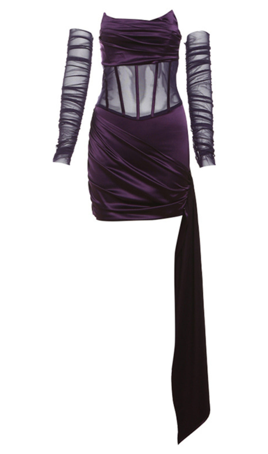Mini abito Hoco in rete di velluto viola con corsetto a pannelli 