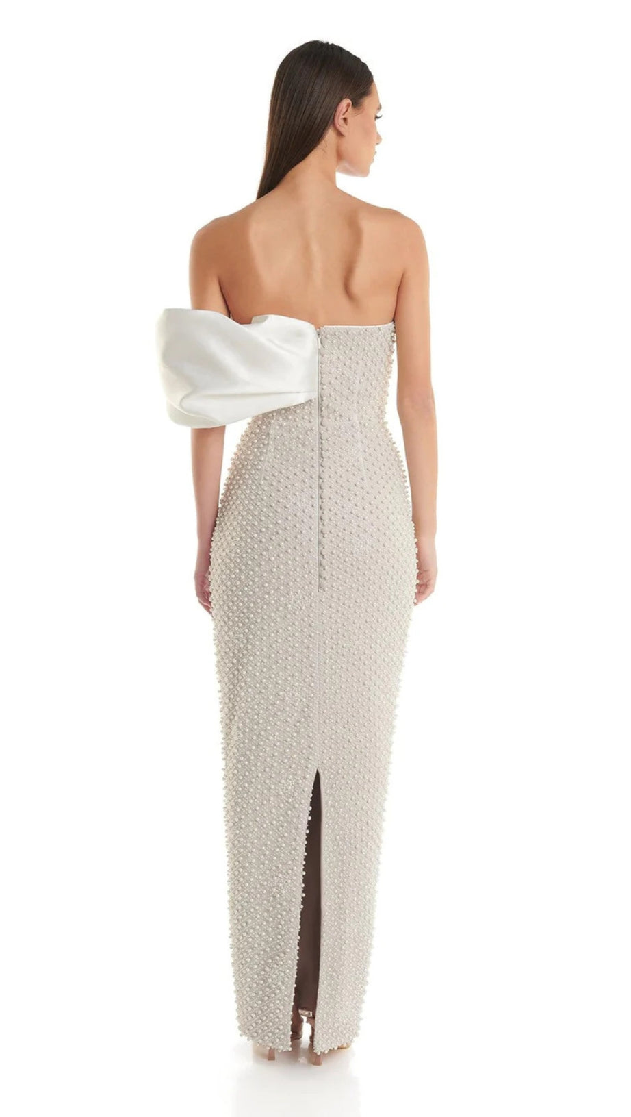 PEARL - EMBELLISHED BOW - ACCENT STRAPLESS MIDI DRESS IN WHITE