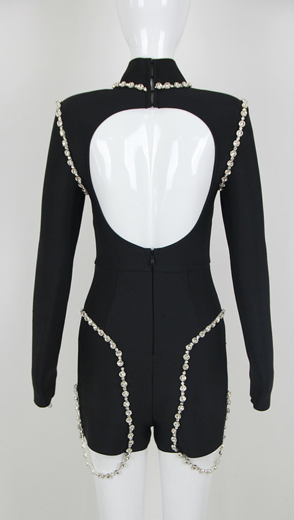AIIZIE RHINESTONE - CHAIN - TRIMMED HIGH - NECK LONG - SLEEVE ROMPER IN BLACK - product image