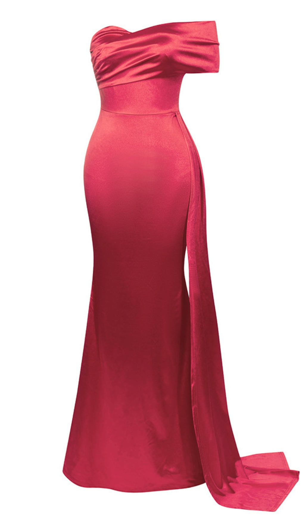 OFF - SHOULDER DRAPED - TRAIN MERMAID GOWN IN RED