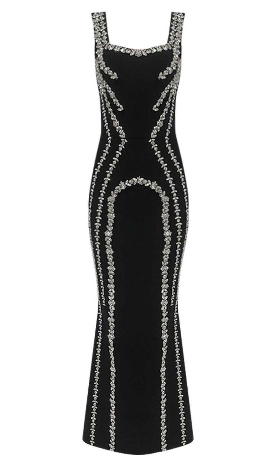 Rhinestone - Embellished Square - Neck Mermaid Maxi Dress in Black