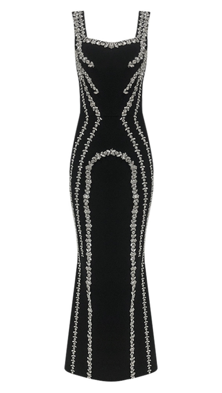 RHINESTONE - EMBELLISHED SQUARE - NECK MERMAID MAXI DRESS IN BLACK