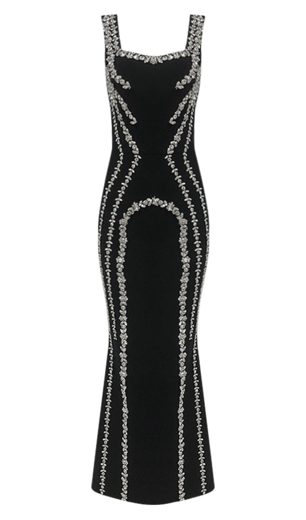 Rhinestone - Embellished Square - Neck Mermaid Maxi Dress in Black