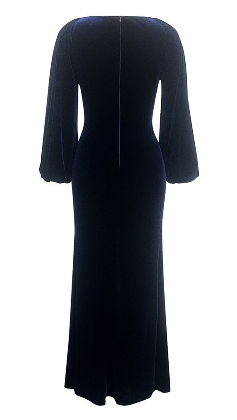 Samt-Midikleid im Meerjungfrauenstil mit Puffärmeln und Rüschen in Marineblau 