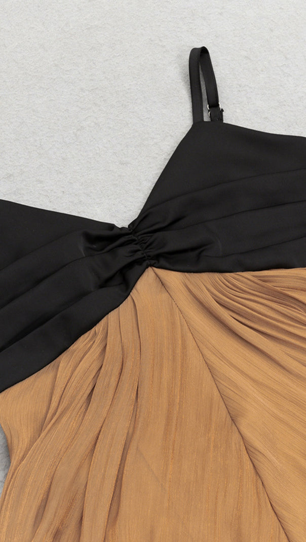 AIIZIE RUCHED CHIFFON MIDI DRESS IN BLACK AND GOLD - product image