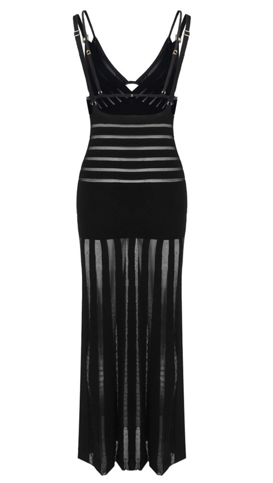 SHEER STRIPED DOUBLE STRAP MAXI DRESS IN BLACK