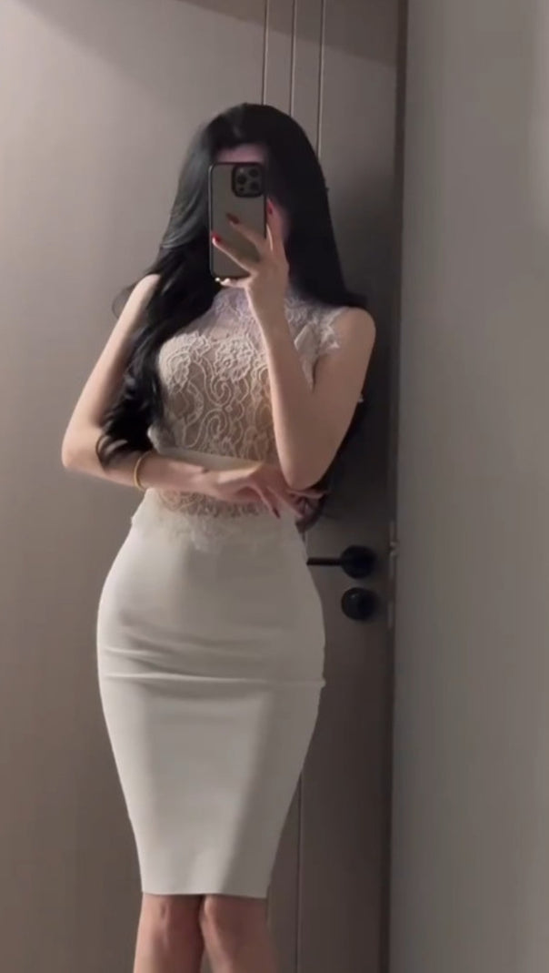 AIIZIE LACE - TOP SLEEVELESS BODYCON MIDI DRESS IN WHITE - product image