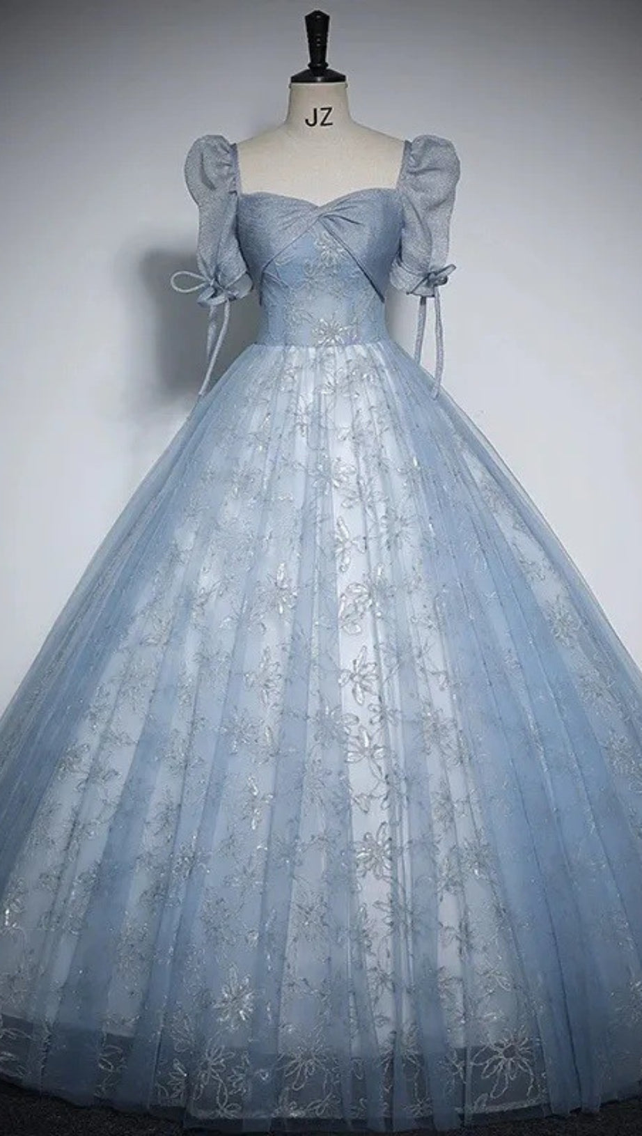 DUSTY BLUE FLORAL TULLE BALL GOWN PUFF SLEEVE PRINCESS DRESS