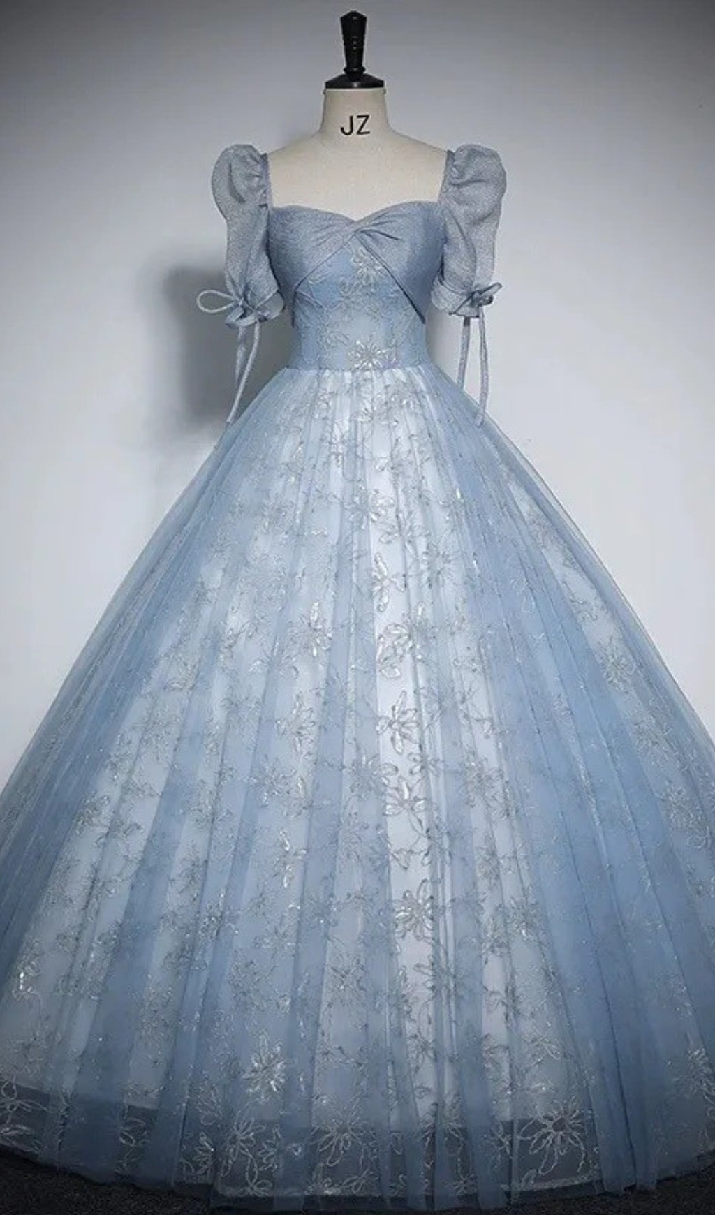 DUSTY BLUE FLORAL TULLE BALL GOWN PUFF SLEEVE PRINCESS DRESS