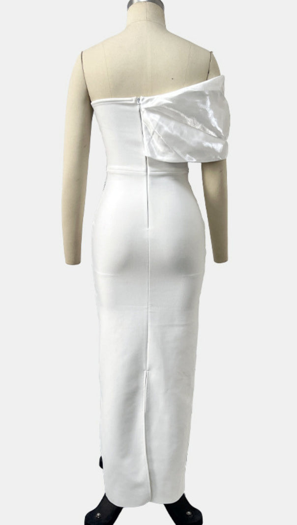 AIIZIE ONE SHOULDER RHINESTONE EMBELLISHED DRAPE GOWN IN WHITE - product image