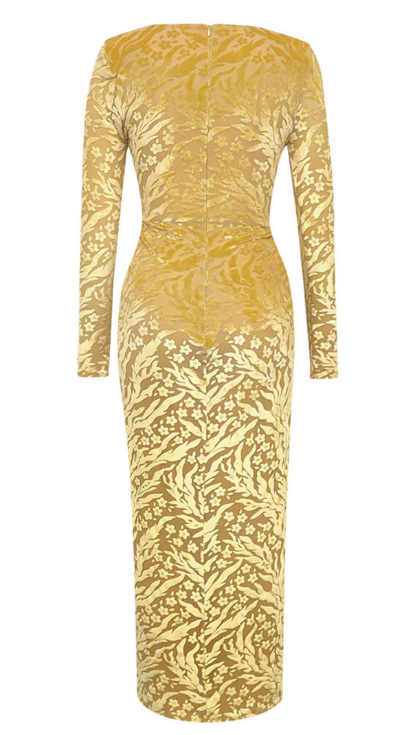 AIIZIE FLORAL - PATTERNED V - NECK LONG - SLEEVE MIDI DRESS IN GOLD - product image
