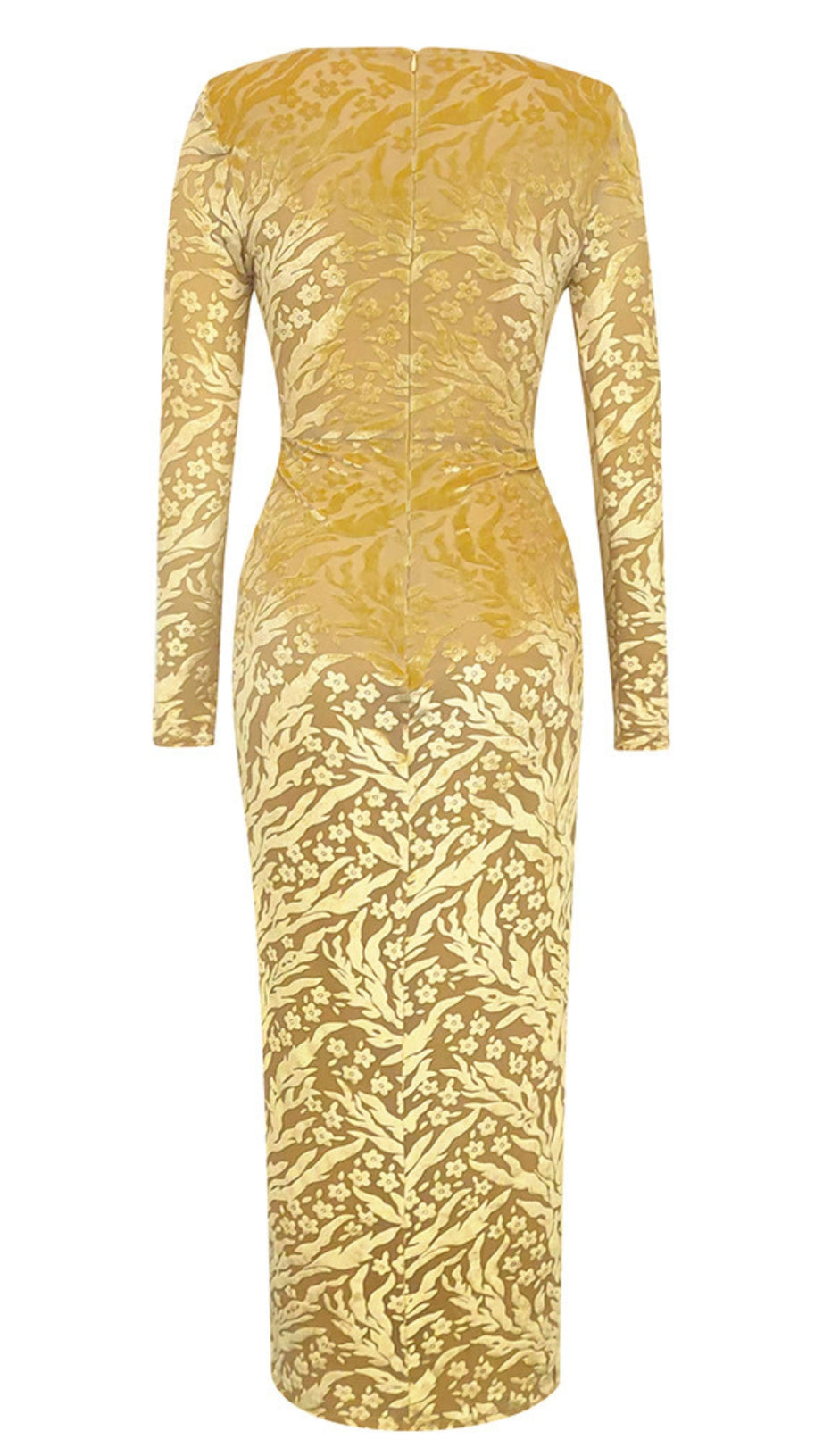 FLORAL - PATTERNED V - NECK LONG - SLEEVE MIDI DRESS IN GOLD