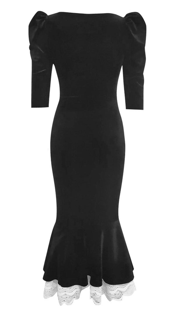 AIIZIE VELVET PUFF - SLEEVE BUTTONED MERMAID DRESS IN BLACK - product image