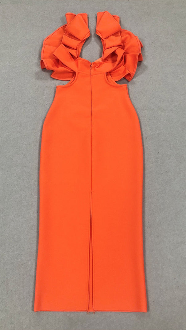 AIIZIE RUFFLED - SLEEVE PEARL - ACCENT BODYCON MIDI DRESS IN ORANGE - product image
