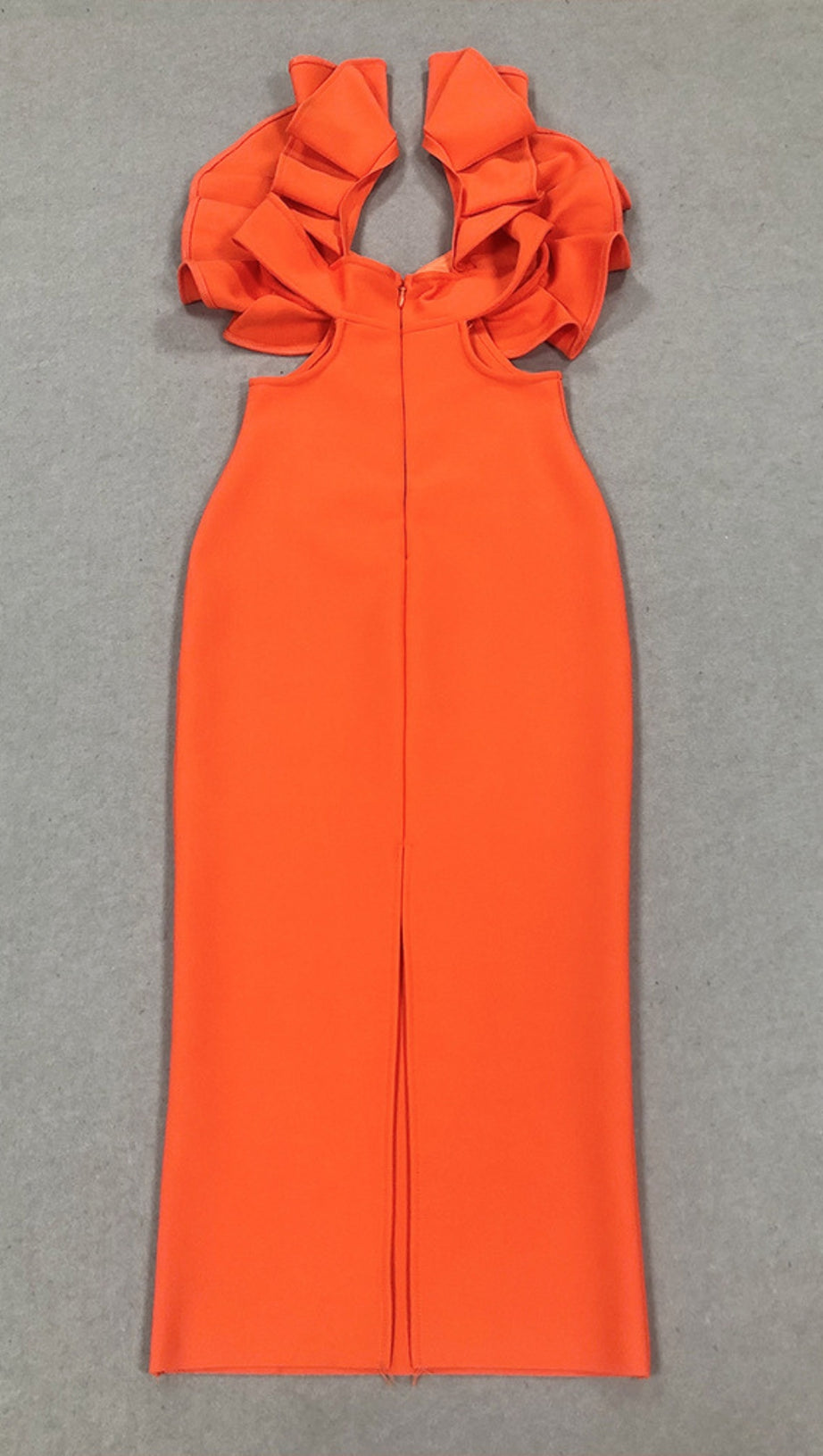 RUFFLED - SLEEVE PEARL - ACCENT BODYCON MIDI DRESS IN ORANGE