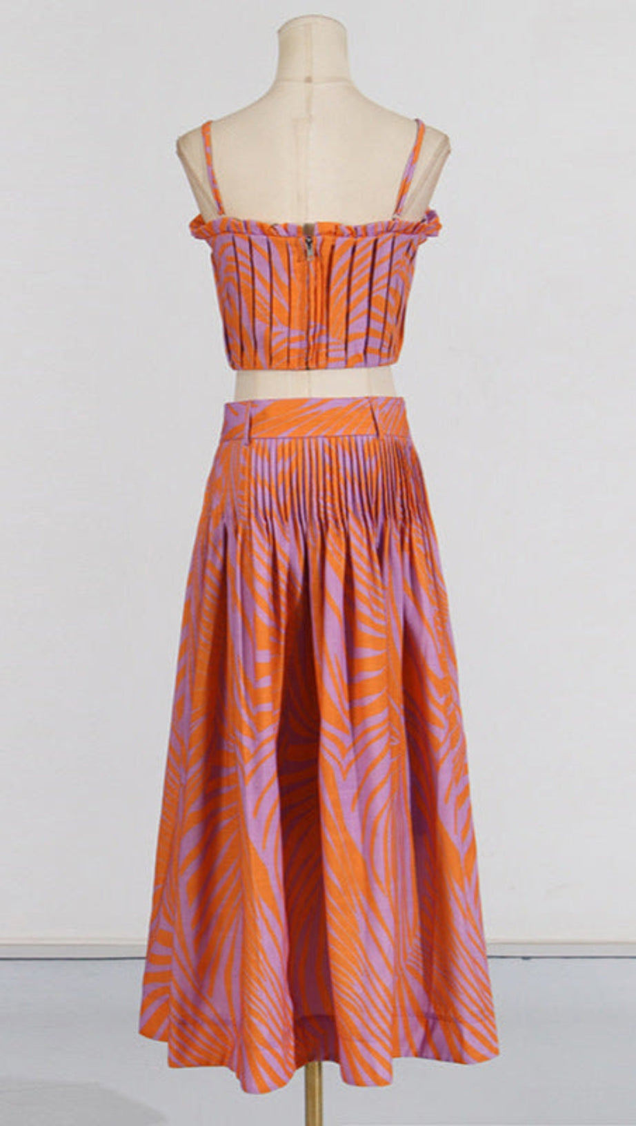 Plissiertes Bustier-Top-Rock-Set aus Leinen mit Blumenmuster in Blau