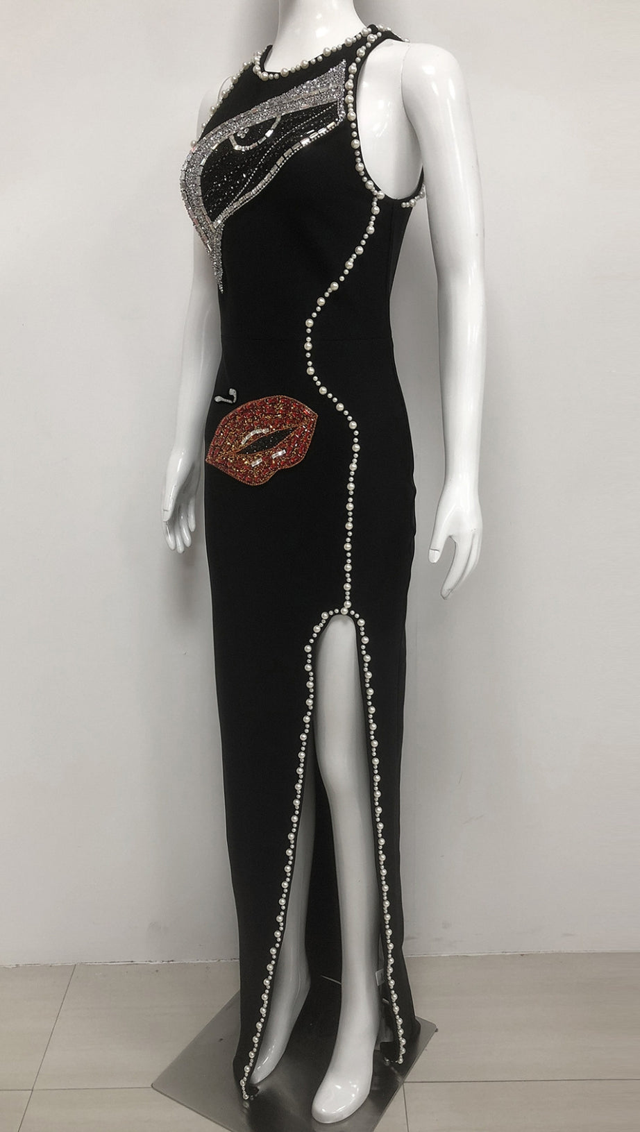 RHINESTONE - EMBELLISHED LIP & EYE SLIT MAXI DRESS IN BLACK