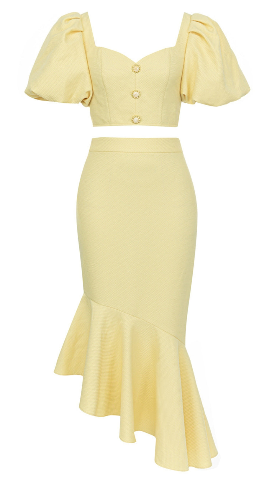 Set aus geknöpftem Crop-Top mit Puffärmeln und Meerjungfrauenrock in Gelb