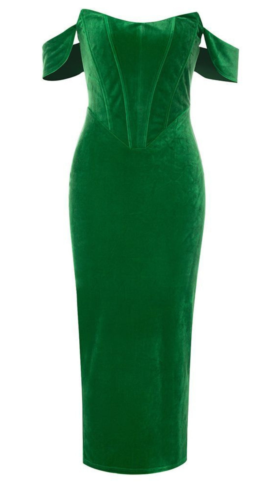 VELVET OFF - SHOULDER CORSET MIDI DRESS IN GREEN