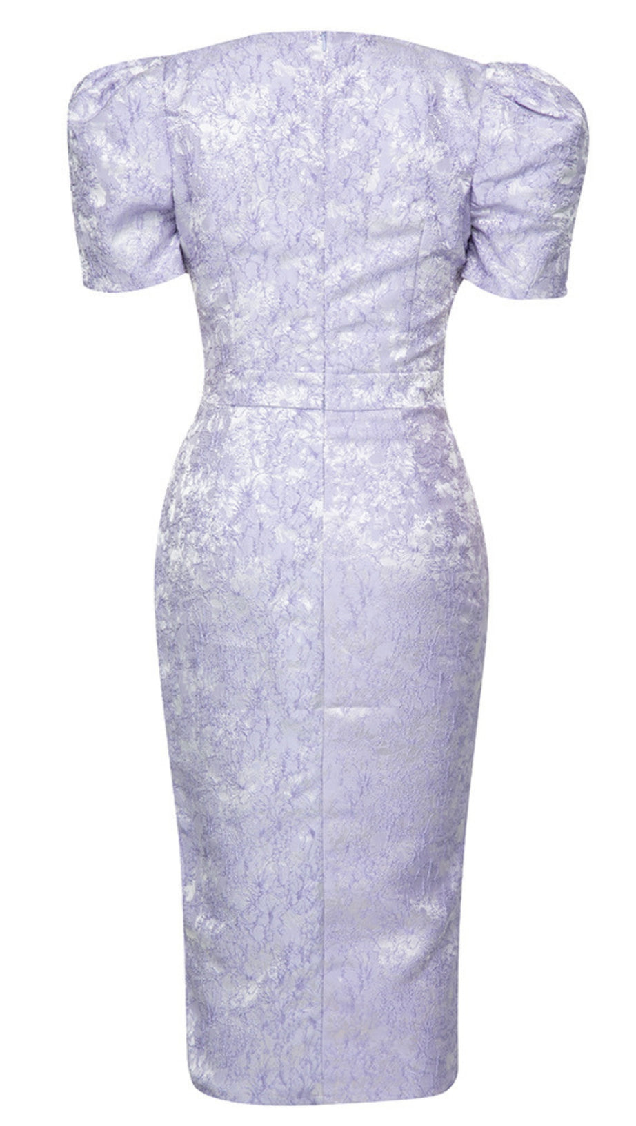 FLORAL - JACQUARD PUFF - SLEEVE MIDI DRESS IN LAVENDER