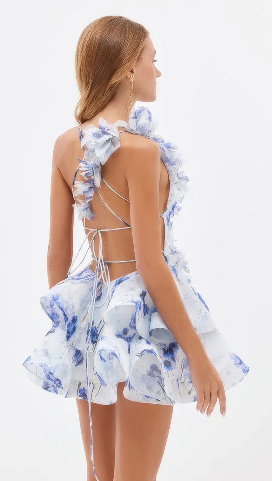 HELEN 3D FLOWER CHIFFON RUFFLE MINI DRESS IN BLUE