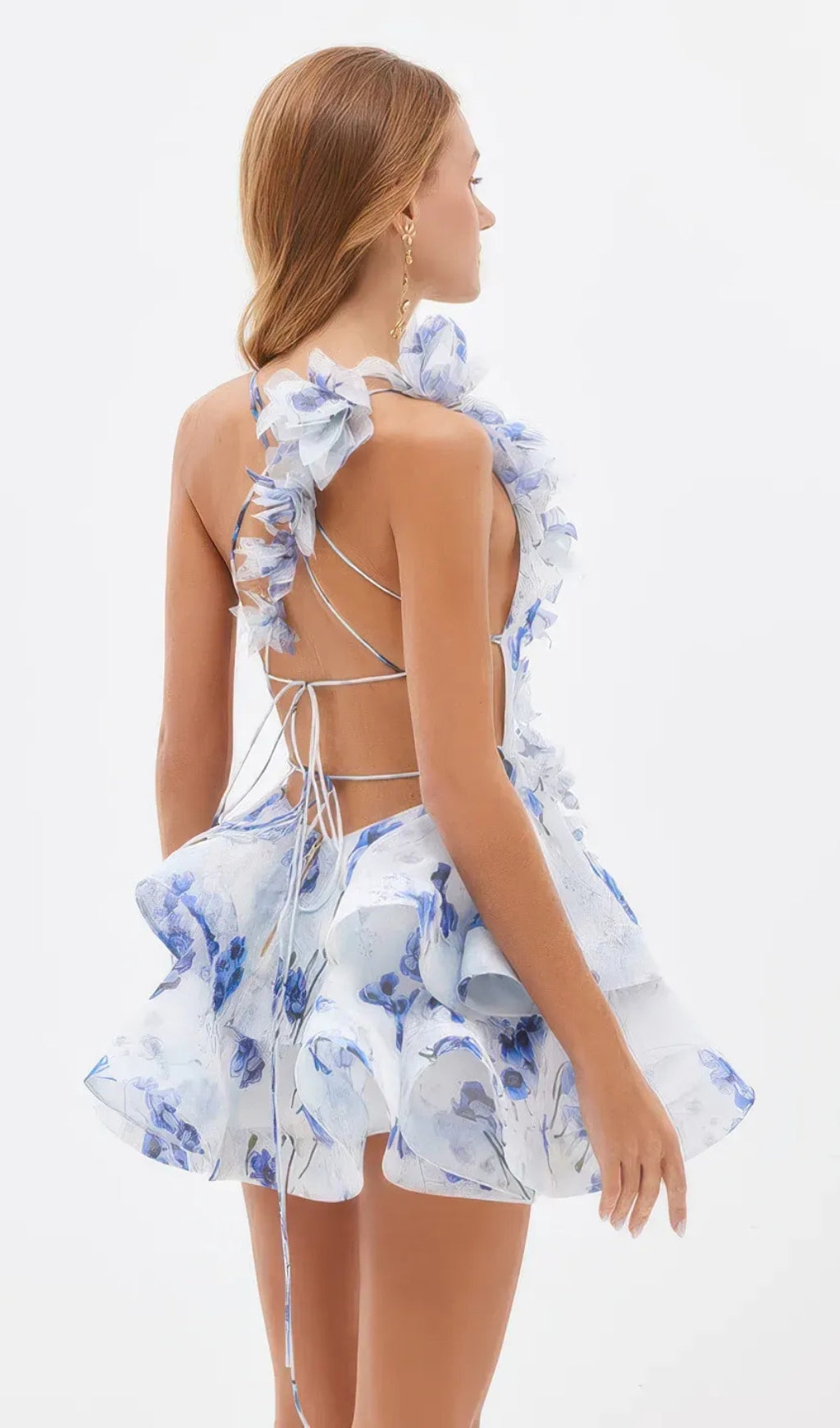 AIIZIE HELEN 3D FLOWER CHIFFON RUFFLE MINI DRESS IN BLUE - product image