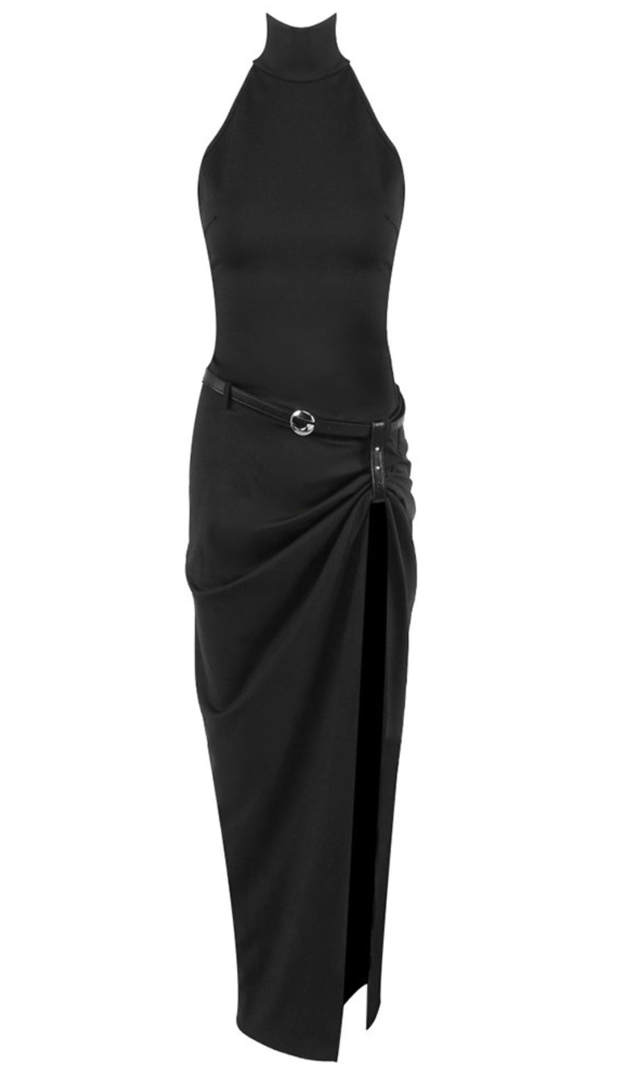 Halter Neck Belted Slit Maxi Dress in Black