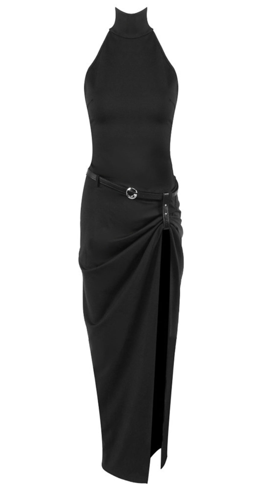 HALTER NECK BELTED SLIT MAXI DRESS IN BLACK