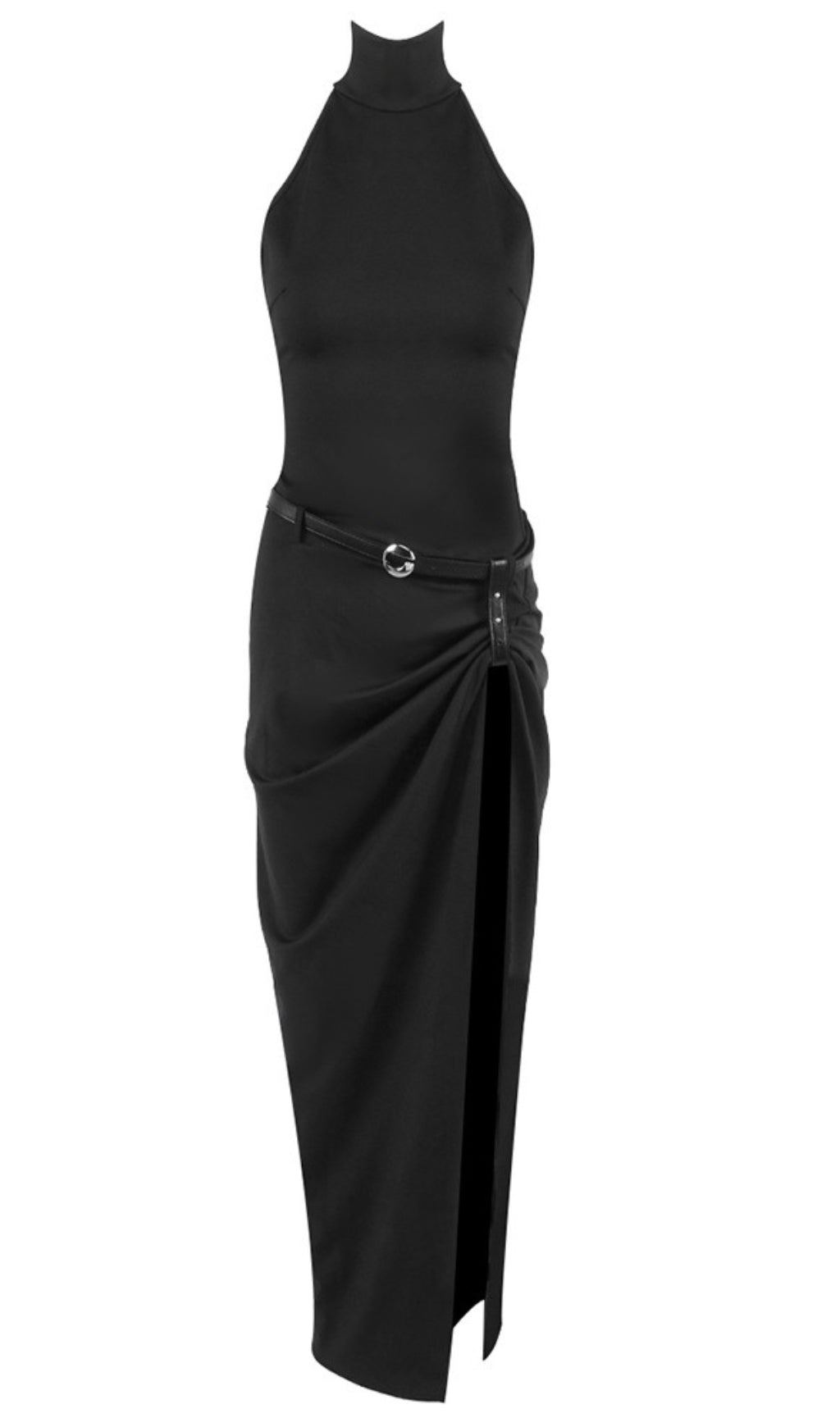 HALTER NECK BELTED SLIT MAXI DRESS IN BLACK