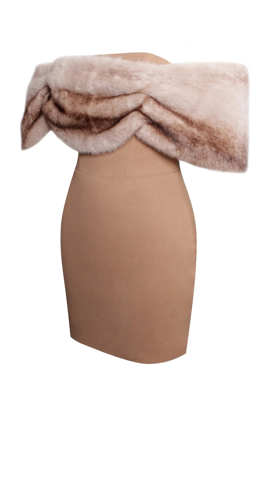 TURMERIC OFF SHOULDER FUR TRIM MINI DRESS