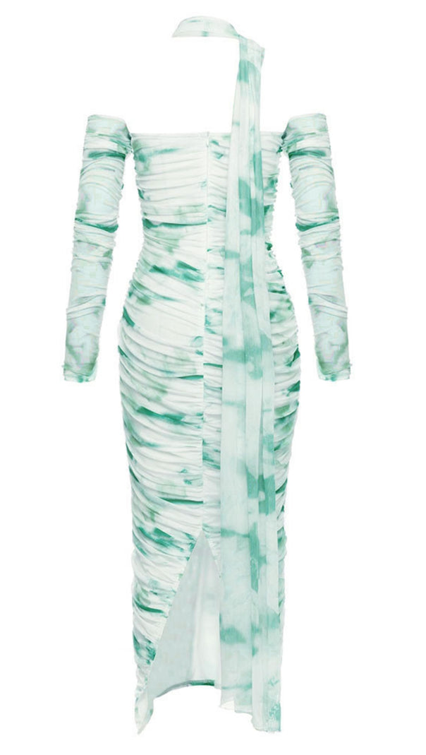 AIIZIE TIE - DYE ONE - SHOULDER RUCHED MIDI DRESS IN BEIGE AND GREEN - product image