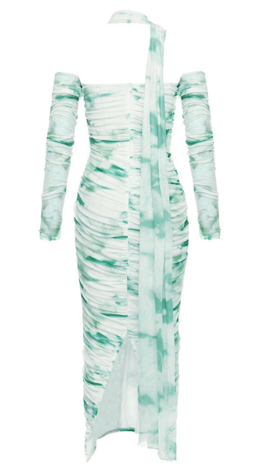 Tie-Dye One-Shoulder-Midikleid mit Rüschen in Beige und Grün