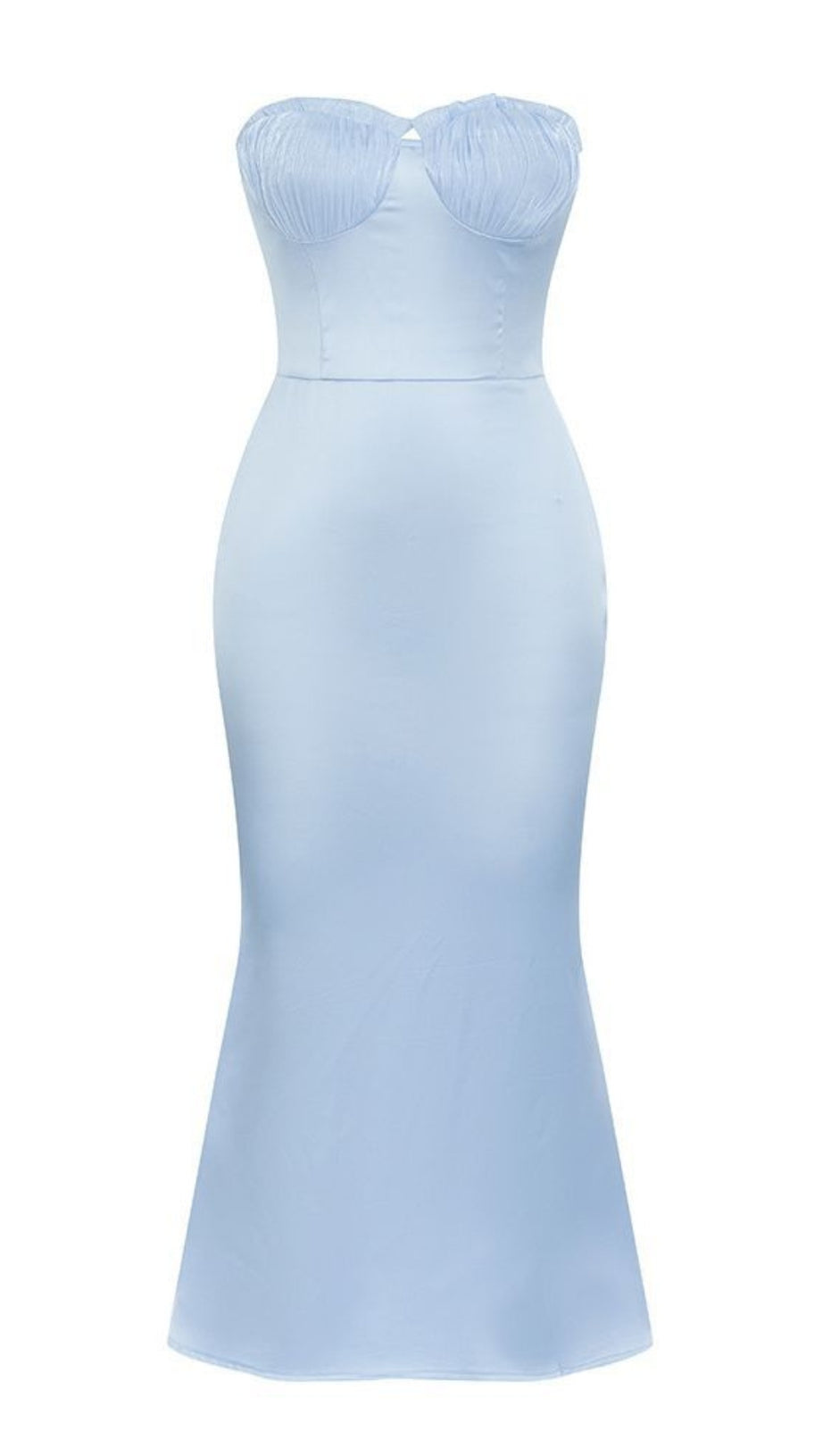 STRAPLESS SATIN MERMAID MIDI DRESS IN BLUE
