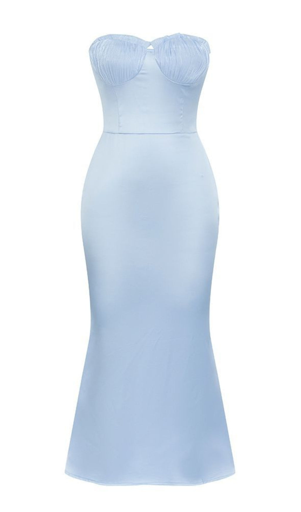 STRAPLESS SATIN MERMAID MIDI DRESS IN BLUE