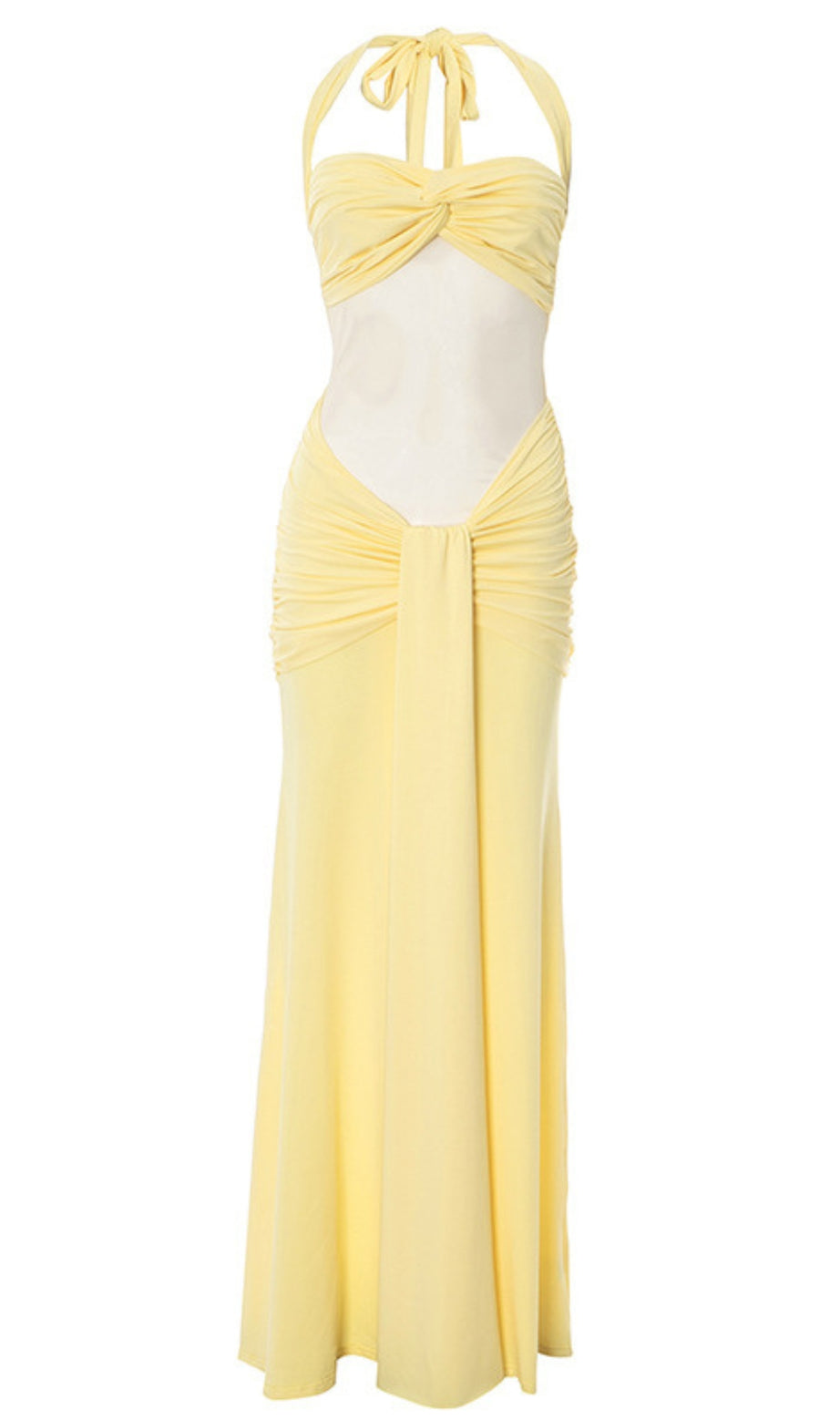 Halter Neck Twist Cutout Ruched Maxi Dress in Yellow