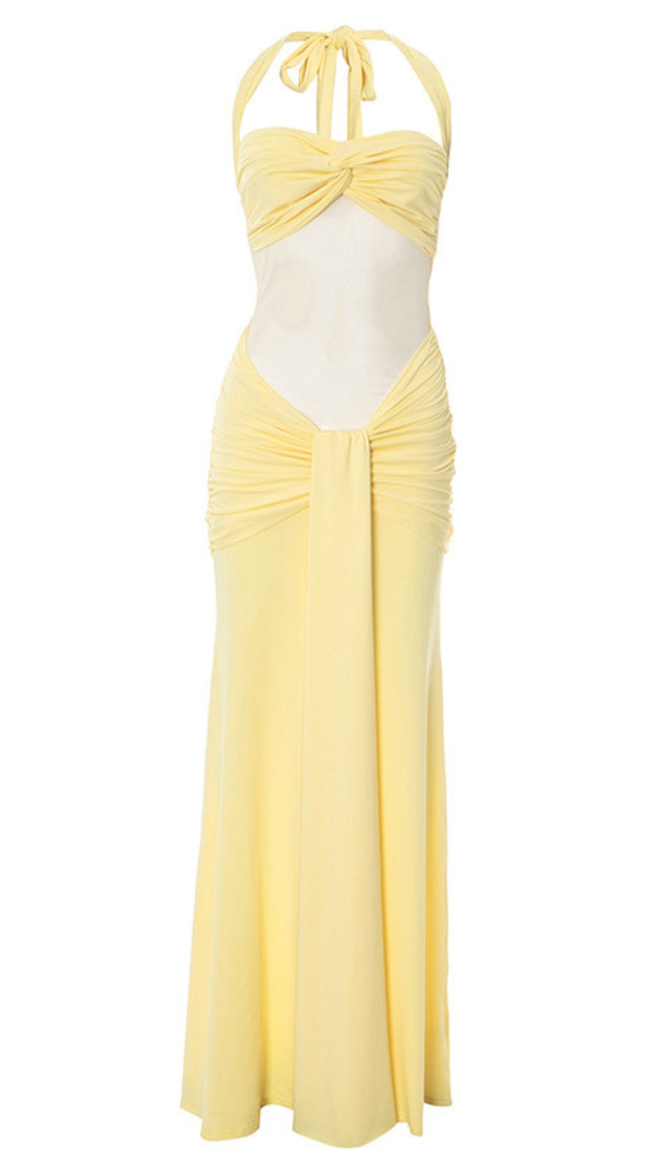 HALTER NECK TWIST CUTOUT RUCHED MAXI DRESS IN YELLOW