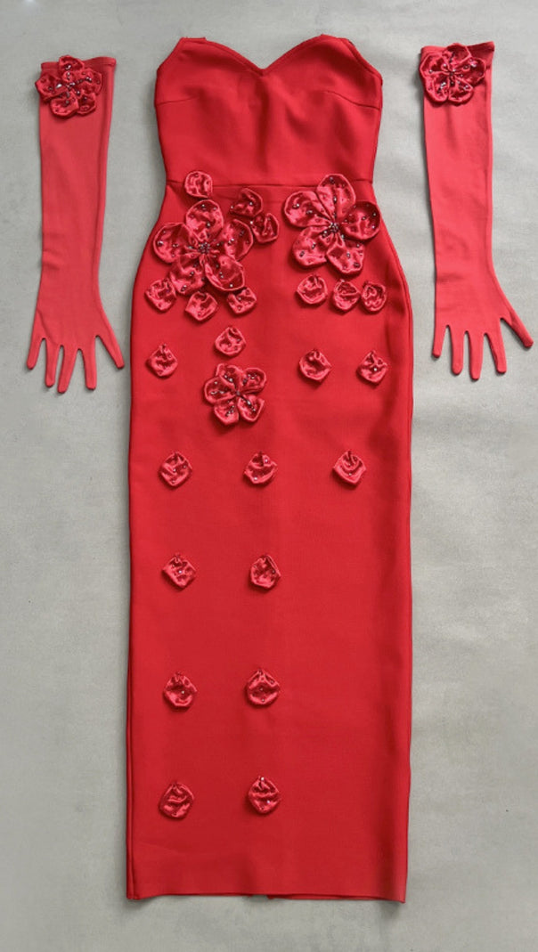 AIIZIE STRAPLESS FLORAL EMBELLISHED MIDI DRESS IN RED - product image