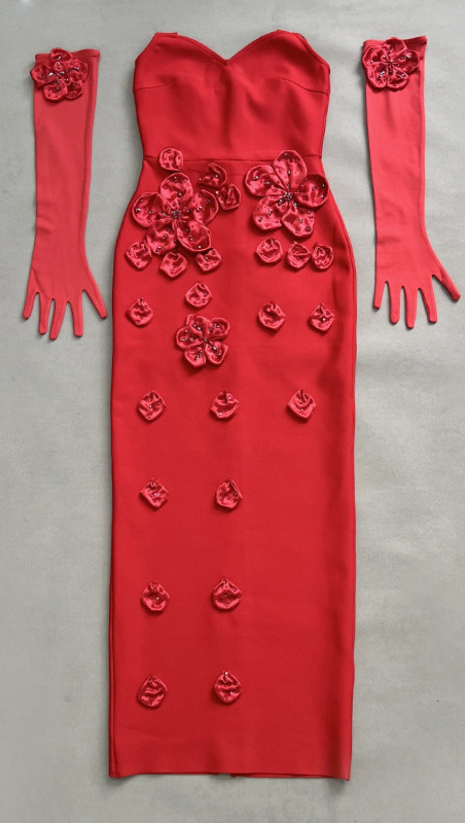 STRAPLESS FLORAL EMBELLISHED MIDI DRESS IN RED