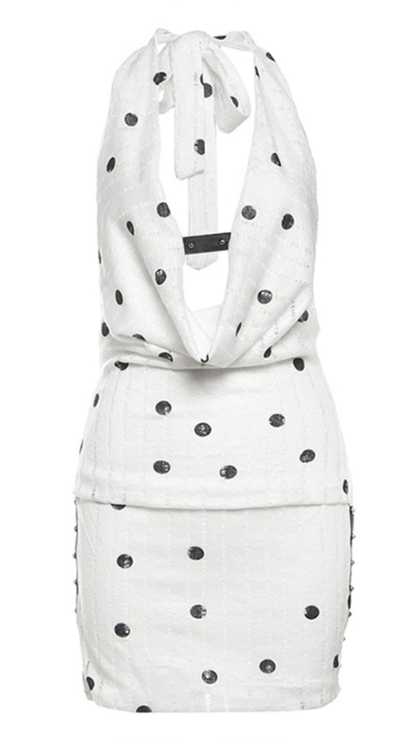 AIIZIE WHITE POLKA DOT SWING NECK HALTER RUSH MINI DRESSES - product image