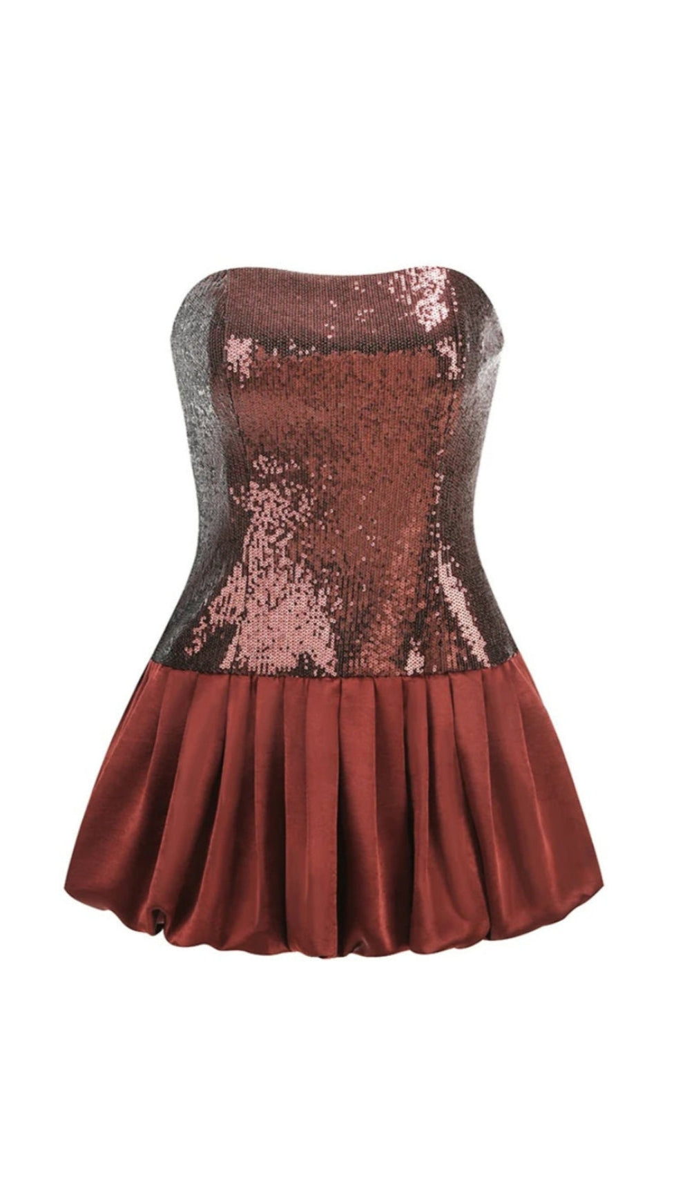 STRAPLESS SEQUIN BUBBLE MINI DRESS IN BROWN