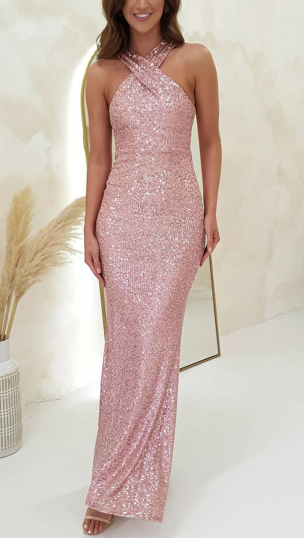 AIIZIE SEQUIN - EMBELLISHED CROSS - HALTER MERMAID MIDI DRESS IN PINK - product image