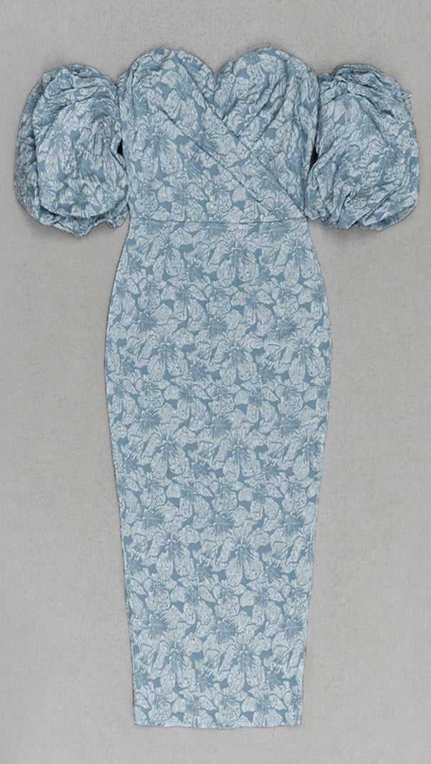 AIIZIE FLORAL - JACQUARD OFF - SHOULDER MIDI DRESS IN NAVY BLUE - product image