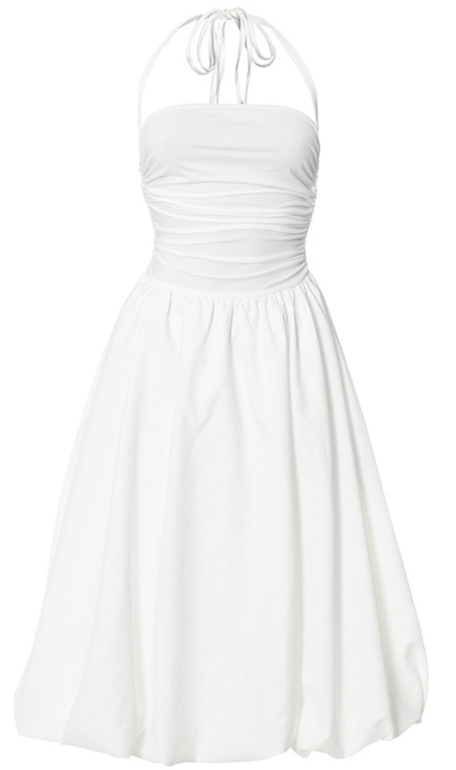 Halter Neck Ruched Flowy Midi Dress in White