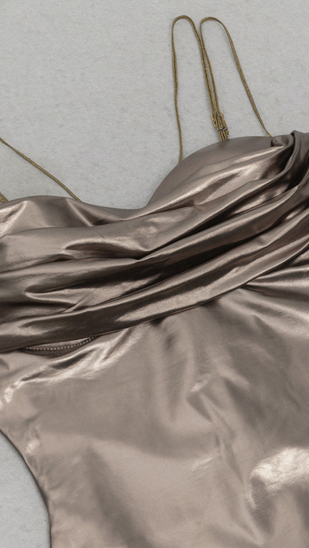 AIIZIE SATIN COWL - NECK STRAPPY MIDI DRESS IN BRONZE - product image